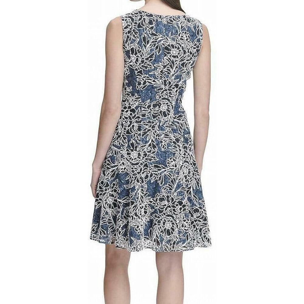 Tommy Hilfiger Women's 4 Navy White Floral Outline Lace Fit & Flare Dress V-Neck - Picture 2 of 9